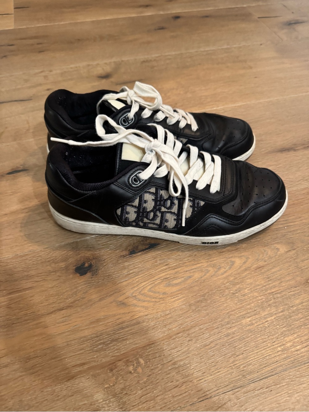 Dior B27 Black Leather Sneakers with Cream Laces and Monogram Panels
